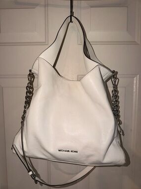 Michael Kors White Pebbled Leather Chain-Accent Shoulder Bag